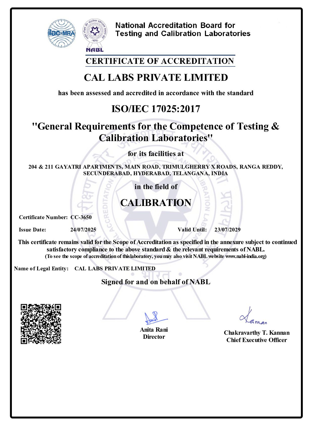 NABL Accreditation Certificate - Cal Labs Pvt Ltd ISO/IEC 17025:2017